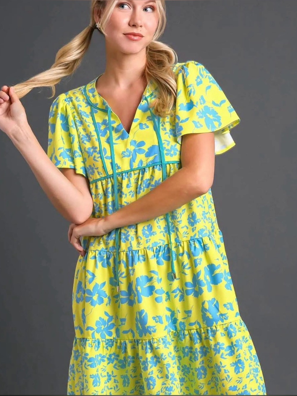 Umgee Neon Green and Blue Floral Flutter Sleeve Dress